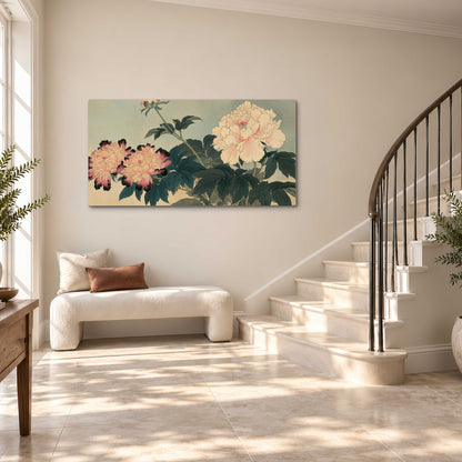 Pink and cream peonies with dark green leaves on a warm beige ground single canvas wall art styled in an interior