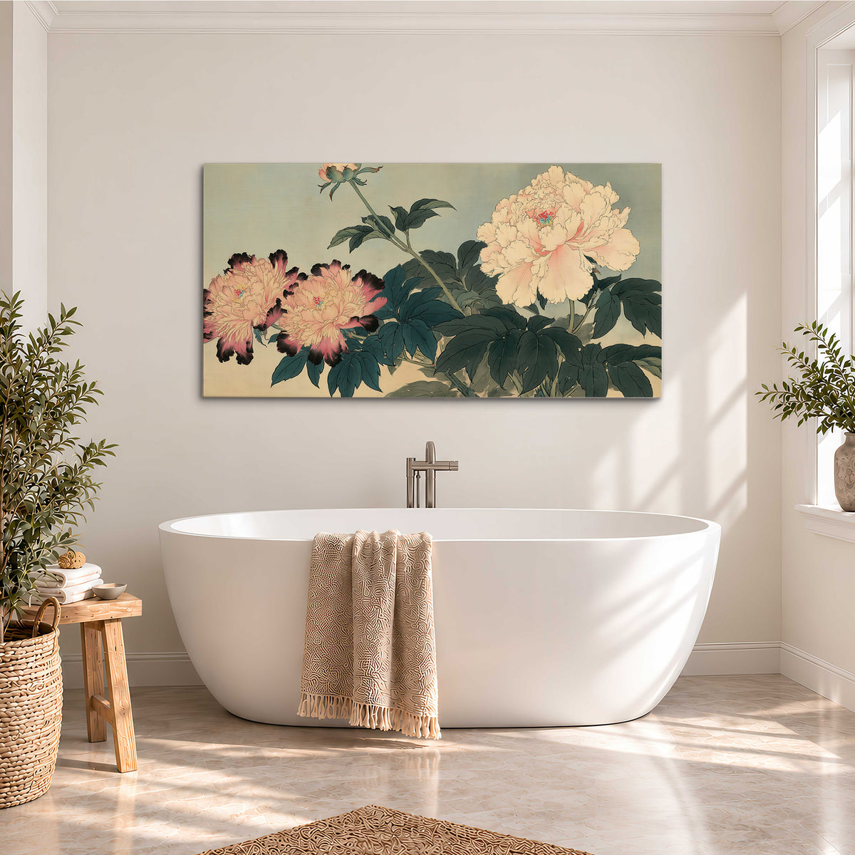 Pink and cream peonies with dark green leaves on a warm beige ground single canvas wall art styled in an interior