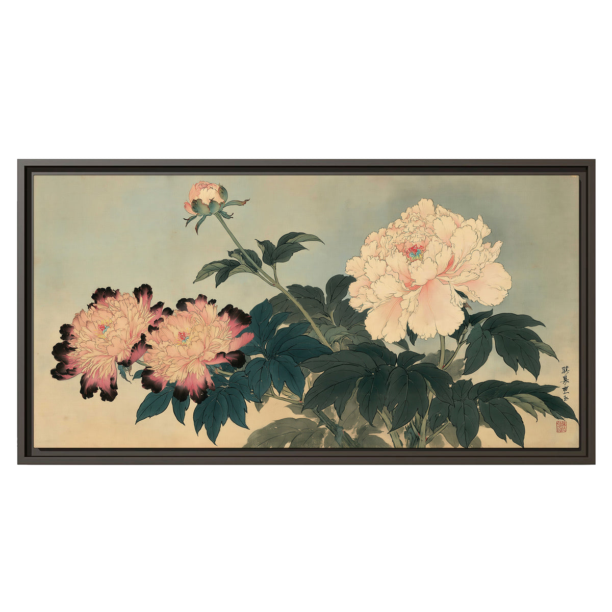 Pink and cream peonies with dark green leaves on a warm beige ground single framed canvas wall art viewed straight on