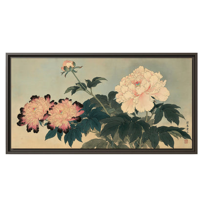 Pink and cream peonies with dark green leaves on a warm beige ground single framed canvas wall art viewed straight on
