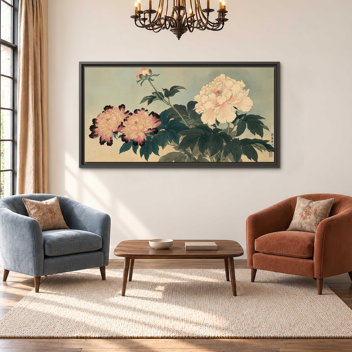 Pink and cream peonies with dark green leaves on a warm beige ground single framed canvas wall art styled in an interior