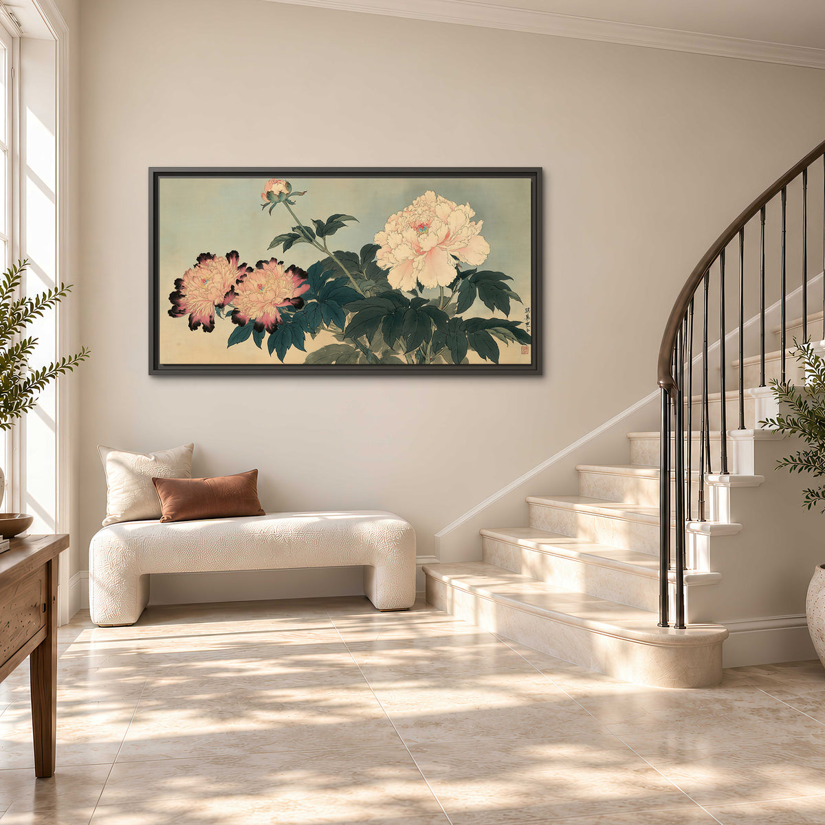 Pink and cream peonies with dark green leaves on a warm beige ground single framed canvas wall art styled in an interior