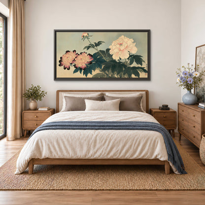 Pink and cream peonies with dark green leaves on a warm beige ground single framed canvas wall art styled in an interior