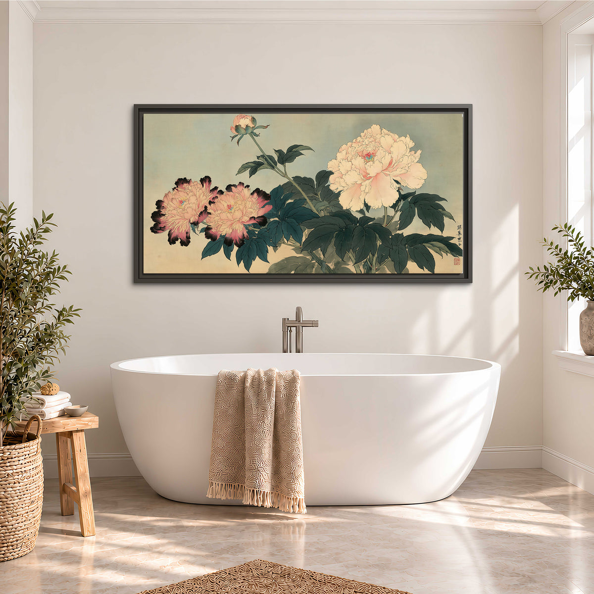 Pink and cream peonies with dark green leaves on a warm beige ground single framed canvas wall art styled in an interior