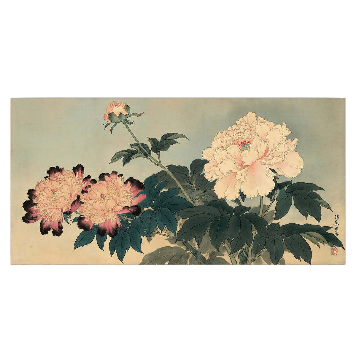 Pink and cream peonies with dark green leaves on a warm beige ground single poster print viewed straight on