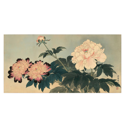 Pink and cream peonies with dark green leaves on a warm beige ground single poster print viewed straight on