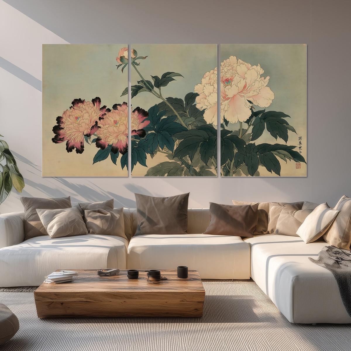 Pink and cream peonies with dark green leaves on a warm beige ground set of 3 poster prints displayed in a living room