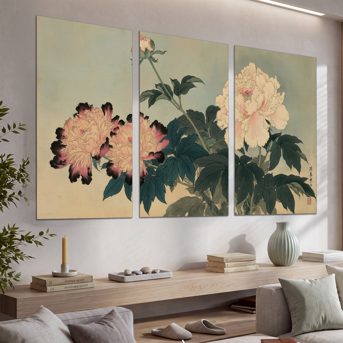 Pink and cream peonies with dark green leaves on a warm beige ground set of 3 poster prints displayed in a console