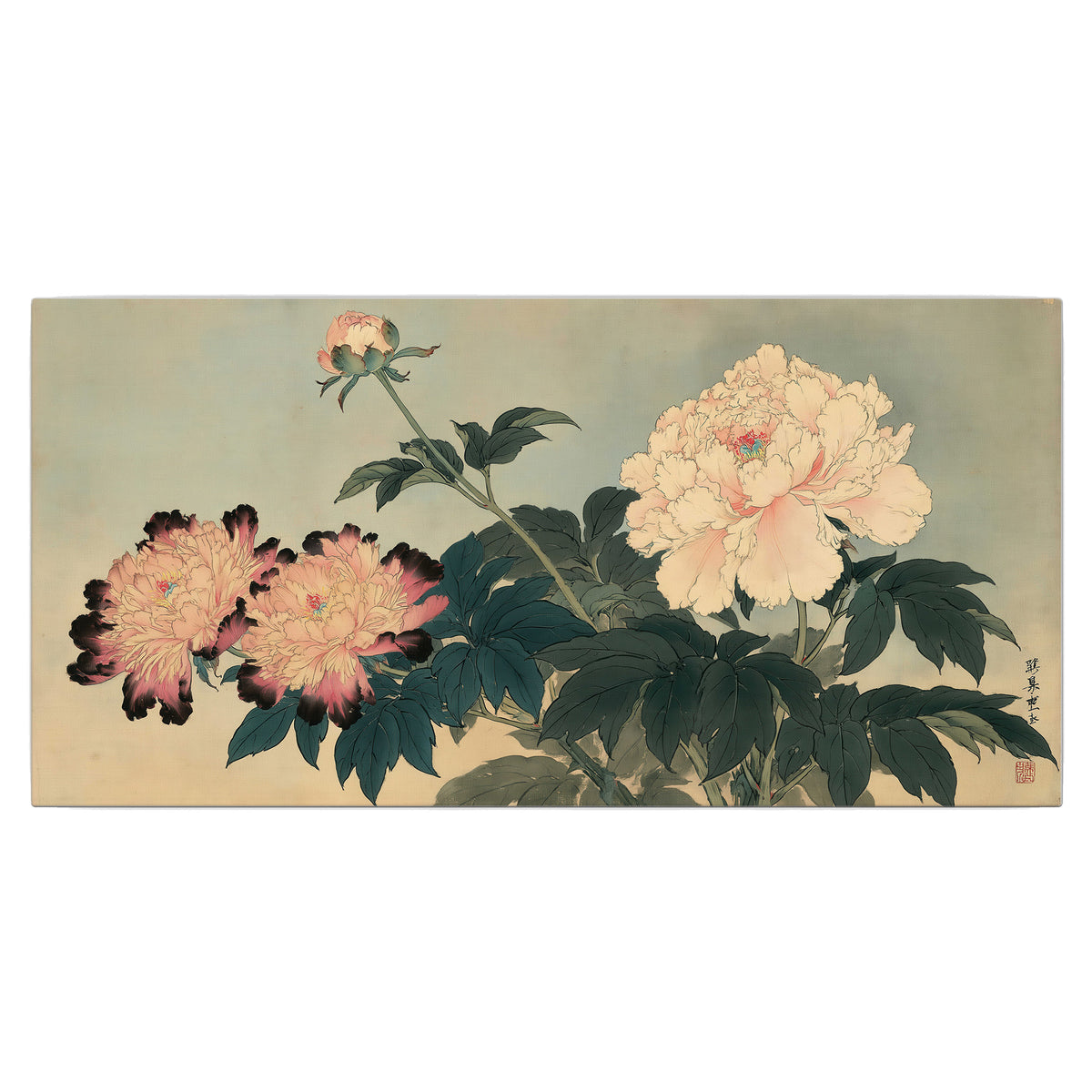 Pink and cream peonies with dark green leaves on a warm beige ground single canvas wall art viewed straight on