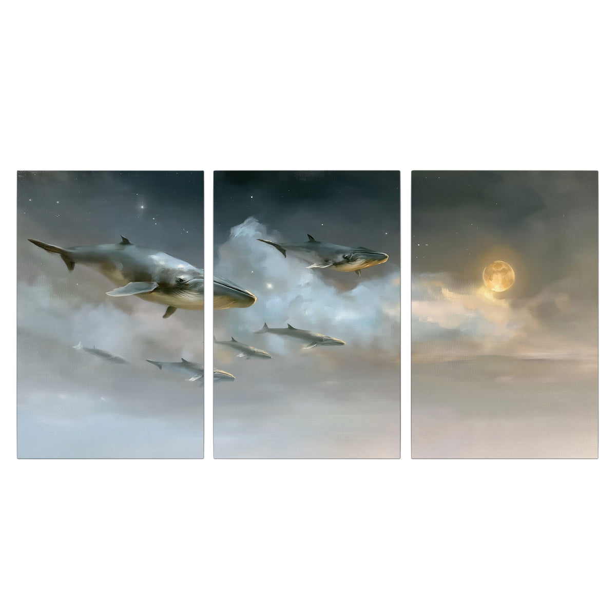 Whales drifting through pale dreamlike clouds toward a golden moon 3 piece canvas wall art viewed straight on