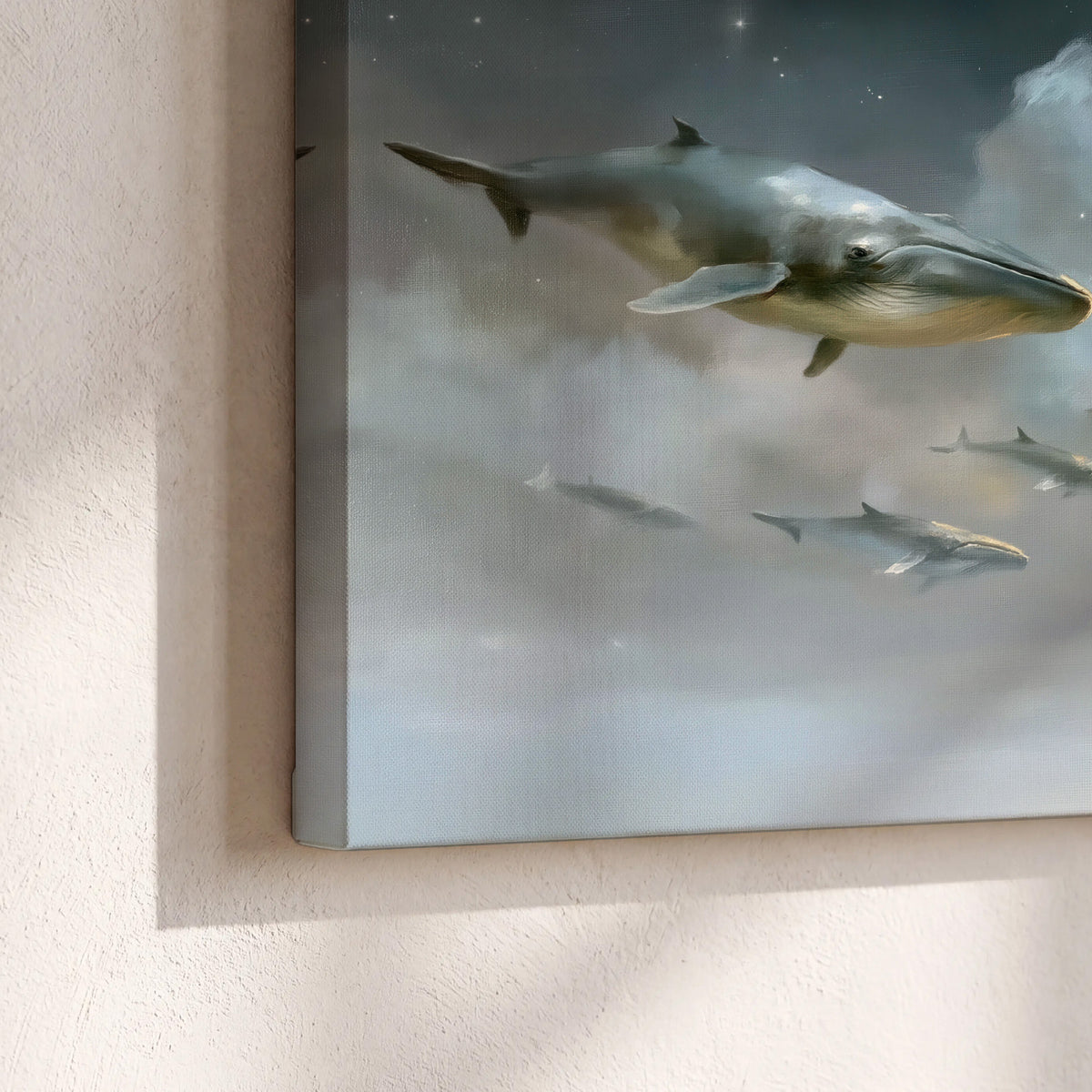 Whales drifting through pale dreamlike clouds toward a golden moon 3 piece canvas wall art material and edge close up