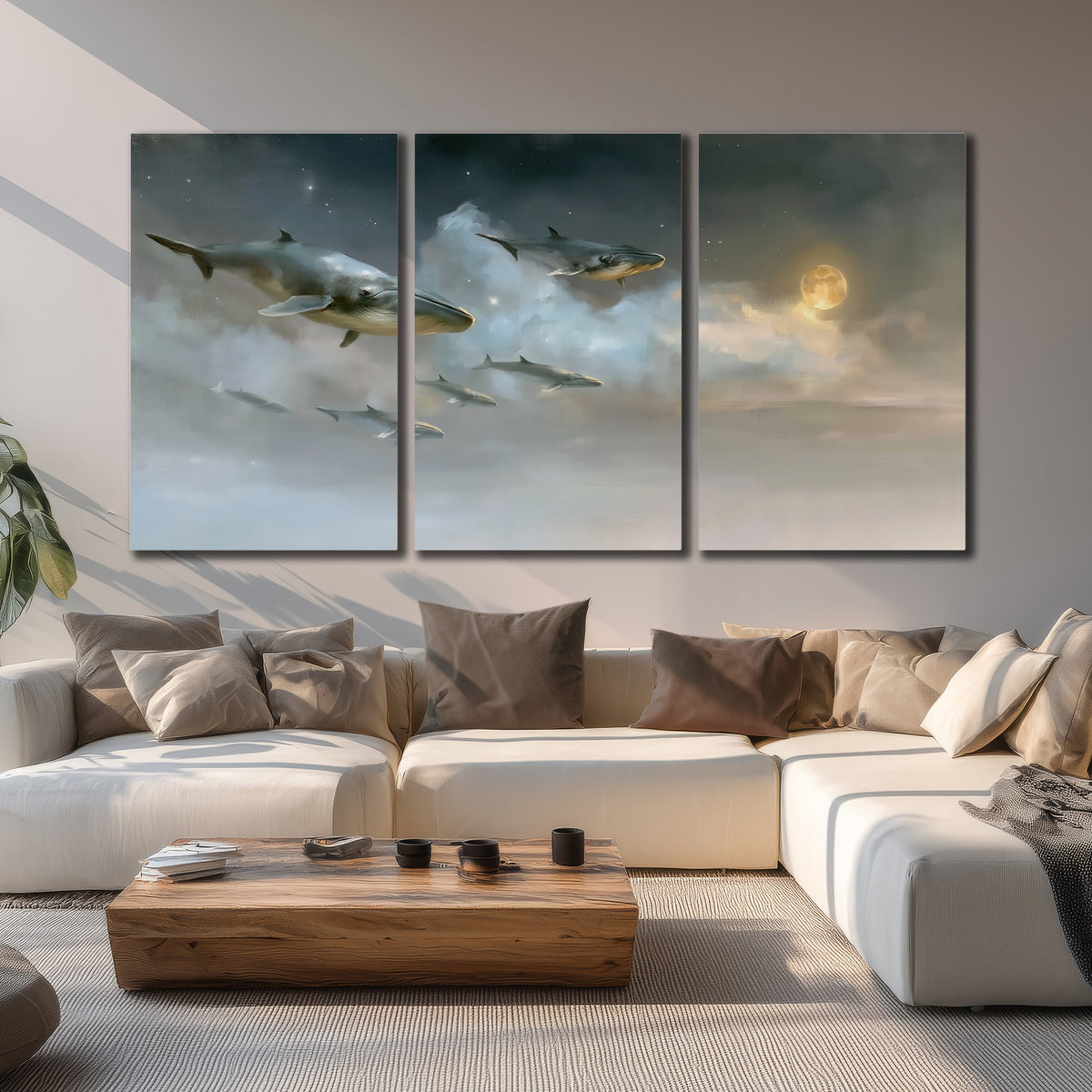 Whales drifting through pale dreamlike clouds toward a golden moon 3 piece canvas wall art displayed in a living room