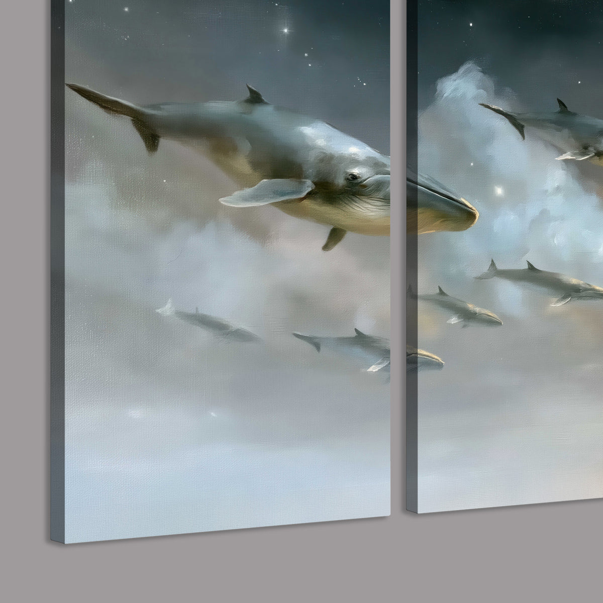 Whales drifting through pale dreamlike clouds toward a golden moon 3 piece canvas wall art room and product view