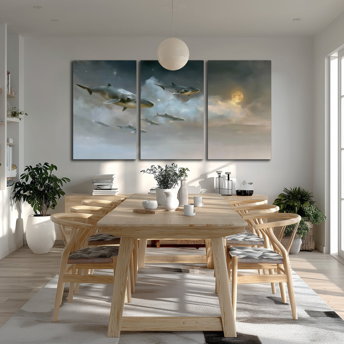 Whales drifting through pale dreamlike clouds toward a golden moon 3 piece canvas wall art room and product view