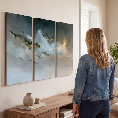 Whales drifting through pale dreamlike clouds toward a golden moon 3 piece canvas wall art three panel arrangement on a wall
