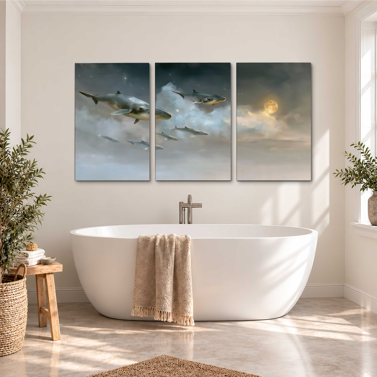 Whales drifting through pale dreamlike clouds toward a golden moon 3 piece canvas wall art styled in an interior