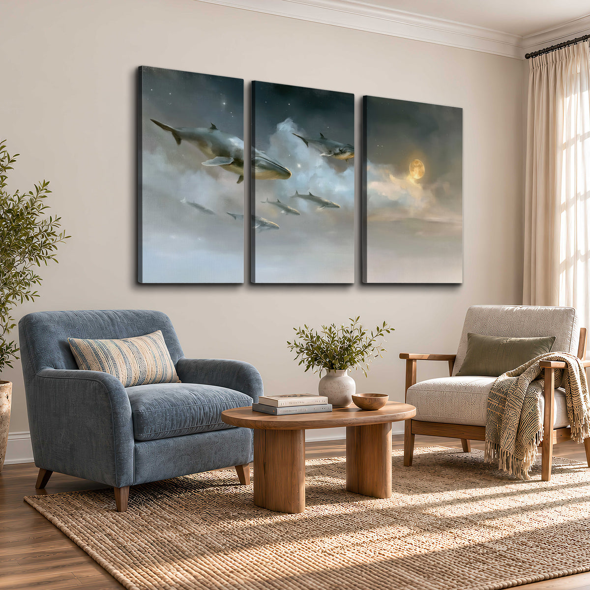 Whales drifting through pale dreamlike clouds toward a golden moon 3 piece canvas wall art styled in an interior