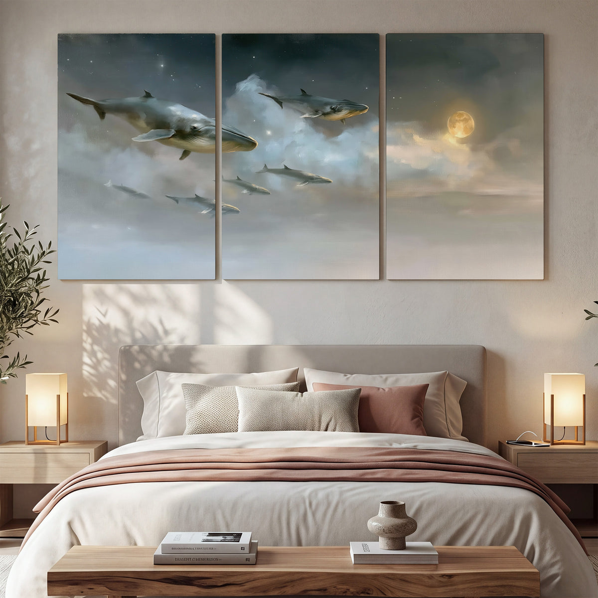 Whales drifting through pale dreamlike clouds toward a golden moon 3 piece canvas wall art displayed in a bedroom