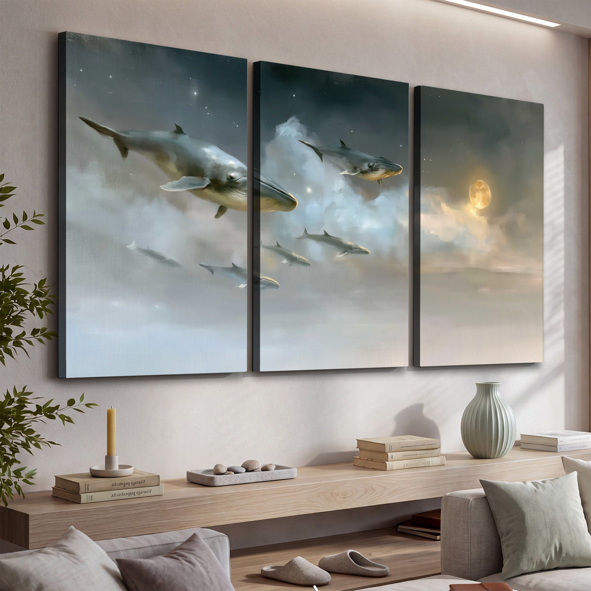 Whales drifting through pale dreamlike clouds toward a golden moon 3 piece canvas wall art displayed in a console