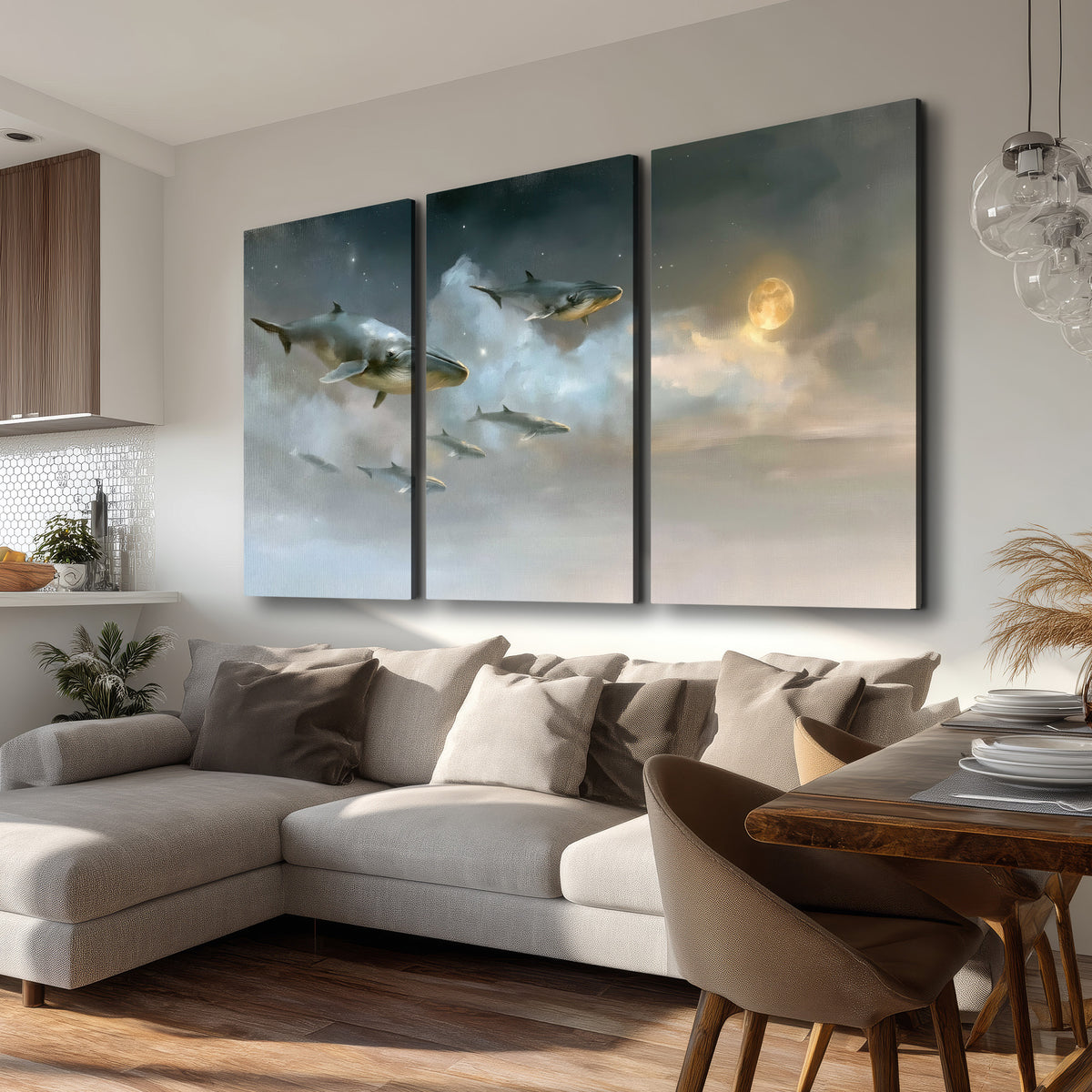 Whales drifting through pale dreamlike clouds toward a golden moon 3 piece canvas wall art room and product view
