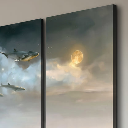 Whales drifting through pale dreamlike clouds toward a golden moon 3 piece canvas wall art room and product view