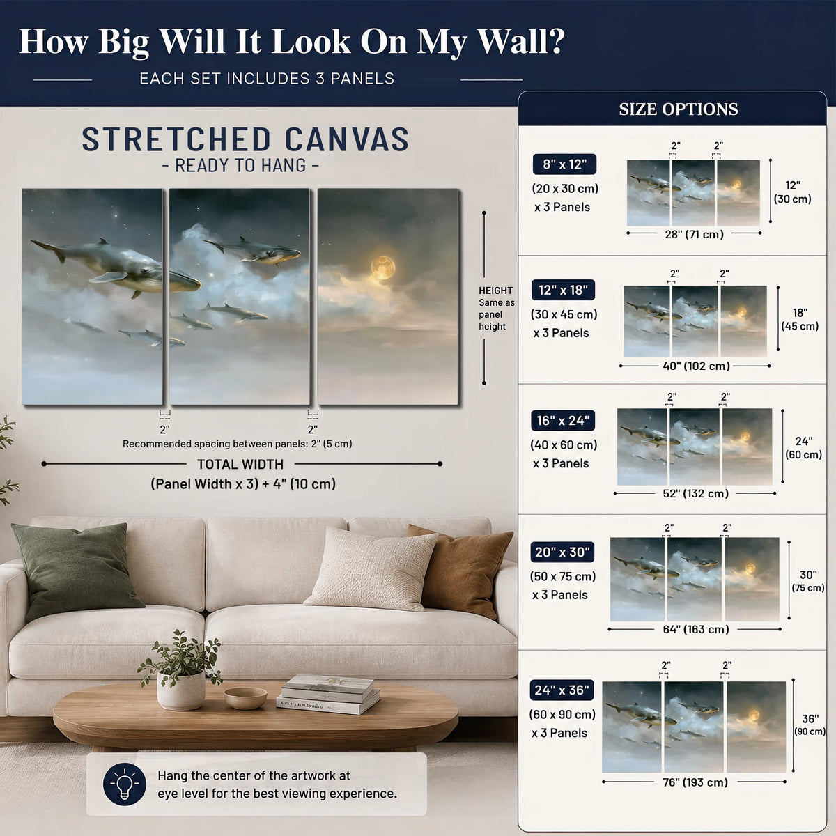 Whales drifting through pale dreamlike clouds toward a golden moon 3 piece canvas wall art size guide above a sofa; room view is illustrative