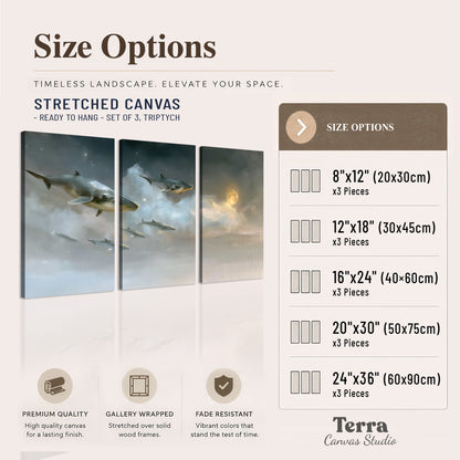 Whales drifting through pale dreamlike clouds toward a golden moon 3 piece canvas wall art available dimensions; triptych dimensions are per panel