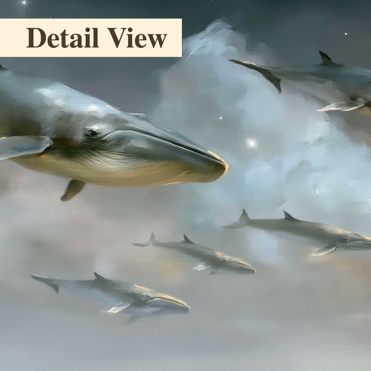 Whales drifting through pale dreamlike clouds toward a golden moon 3 piece canvas wall art artwork detail close up