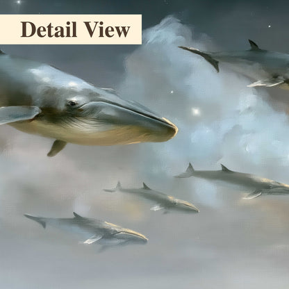 Whales drifting through pale dreamlike clouds toward a golden moon 3 piece canvas wall art artwork detail close up