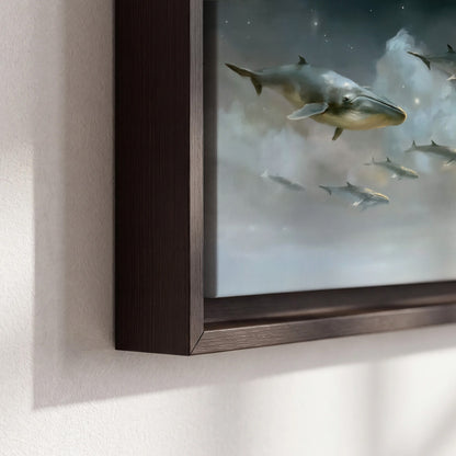 Whales drifting through pale dreamlike clouds toward a golden moon 3 piece framed canvas wall art material and edge close up