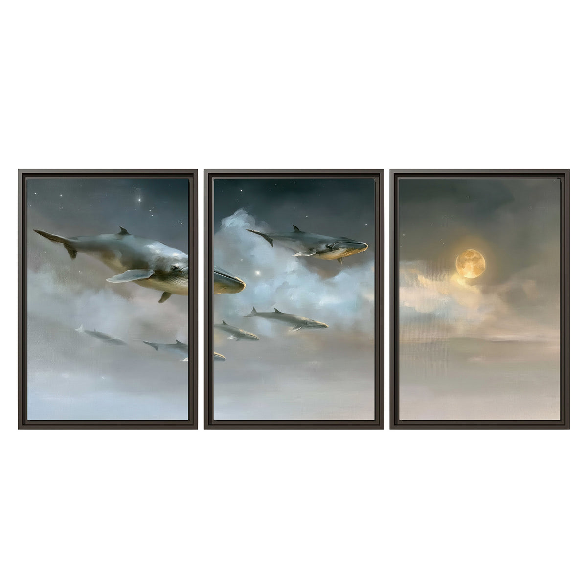 Whales drifting through pale dreamlike clouds toward a golden moon 3 piece framed canvas wall art viewed straight on