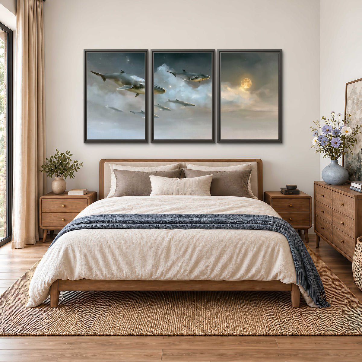 Whales drifting through pale dreamlike clouds toward a golden moon 3 piece framed canvas wall art styled in an interior