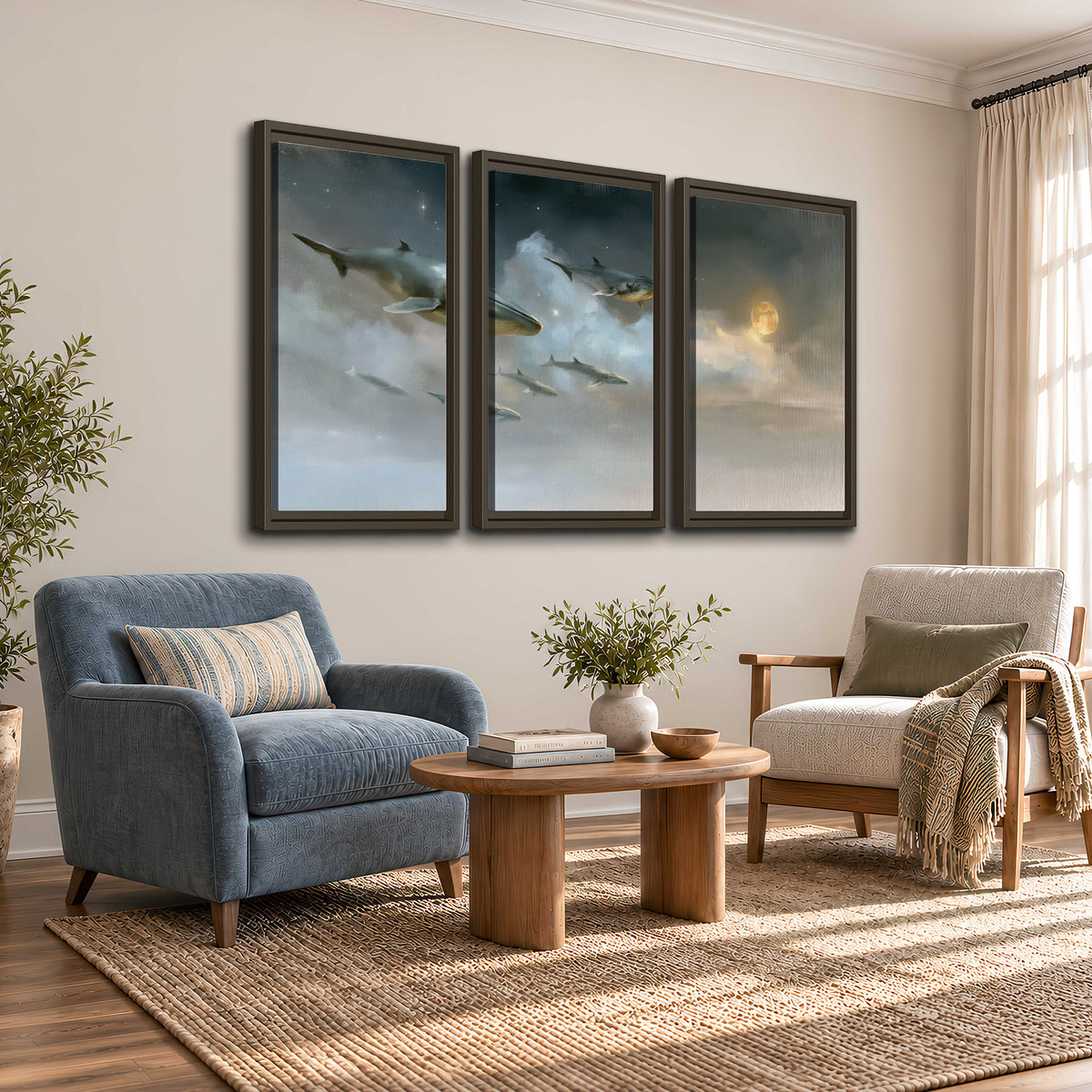 Whales drifting through pale dreamlike clouds toward a golden moon 3 piece framed canvas wall art styled in an interior