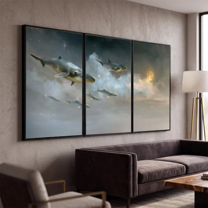 Whales drifting through pale dreamlike clouds toward a golden moon 3 piece framed canvas wall art displayed in a modern living room