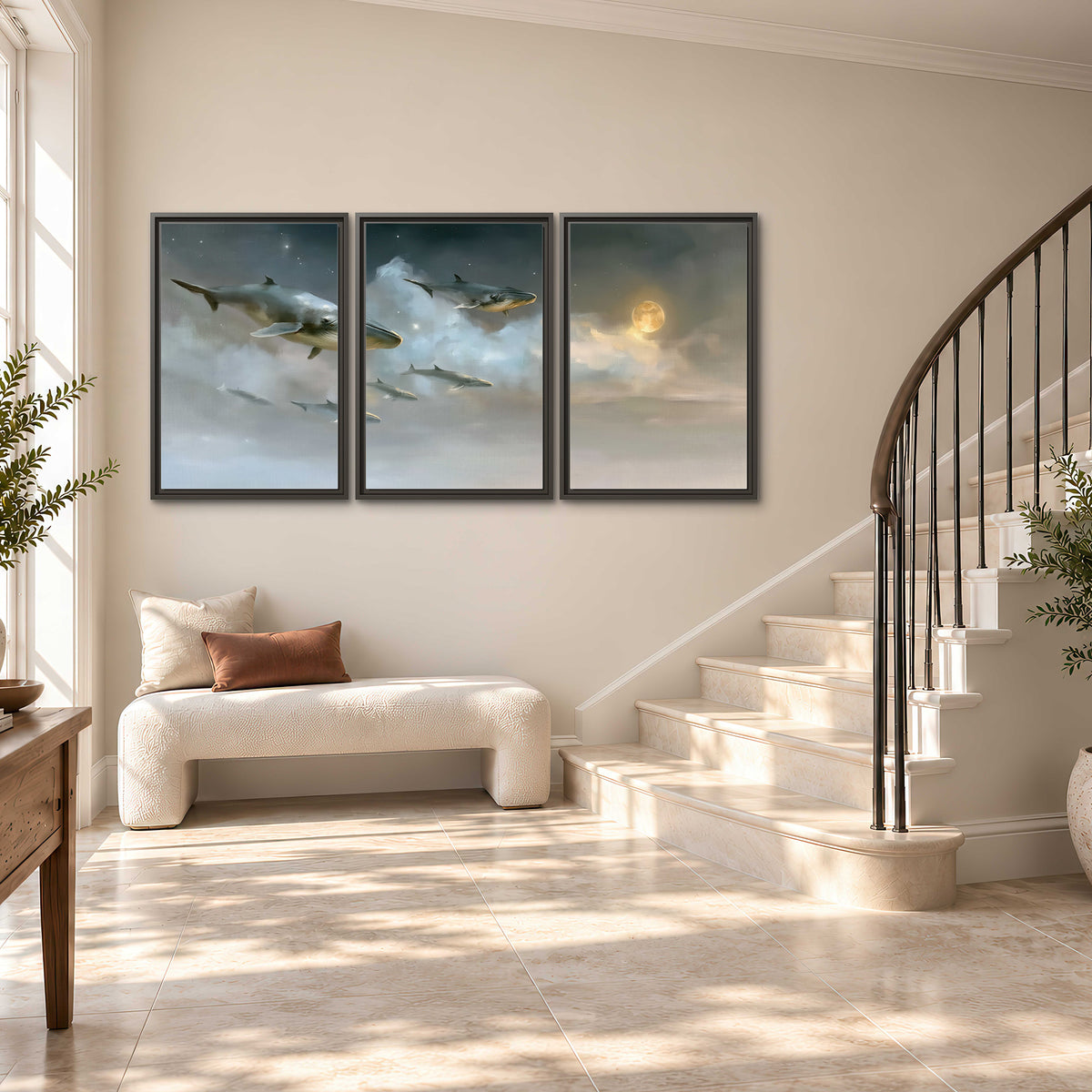 Whales drifting through pale dreamlike clouds toward a golden moon 3 piece framed canvas wall art styled in an interior