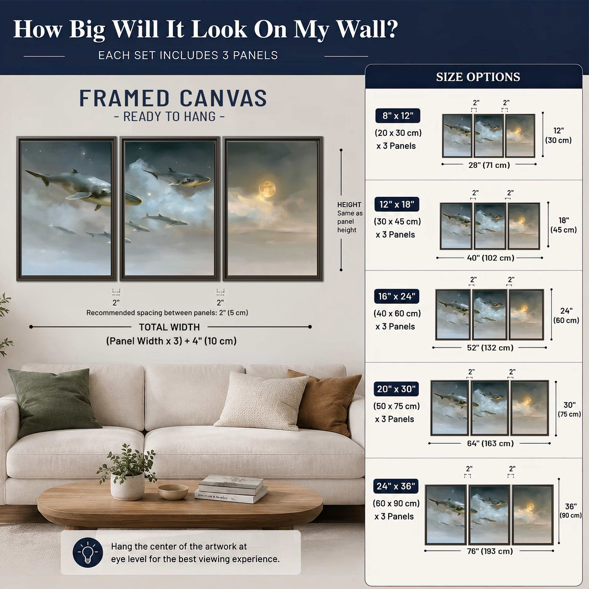 Whales drifting through pale dreamlike clouds toward a golden moon 3 piece framed canvas wall art size guide above a sofa; room view is illustrative