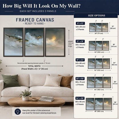 Whales drifting through pale dreamlike clouds toward a golden moon 3 piece framed canvas wall art size guide above a sofa; room view is illustrative