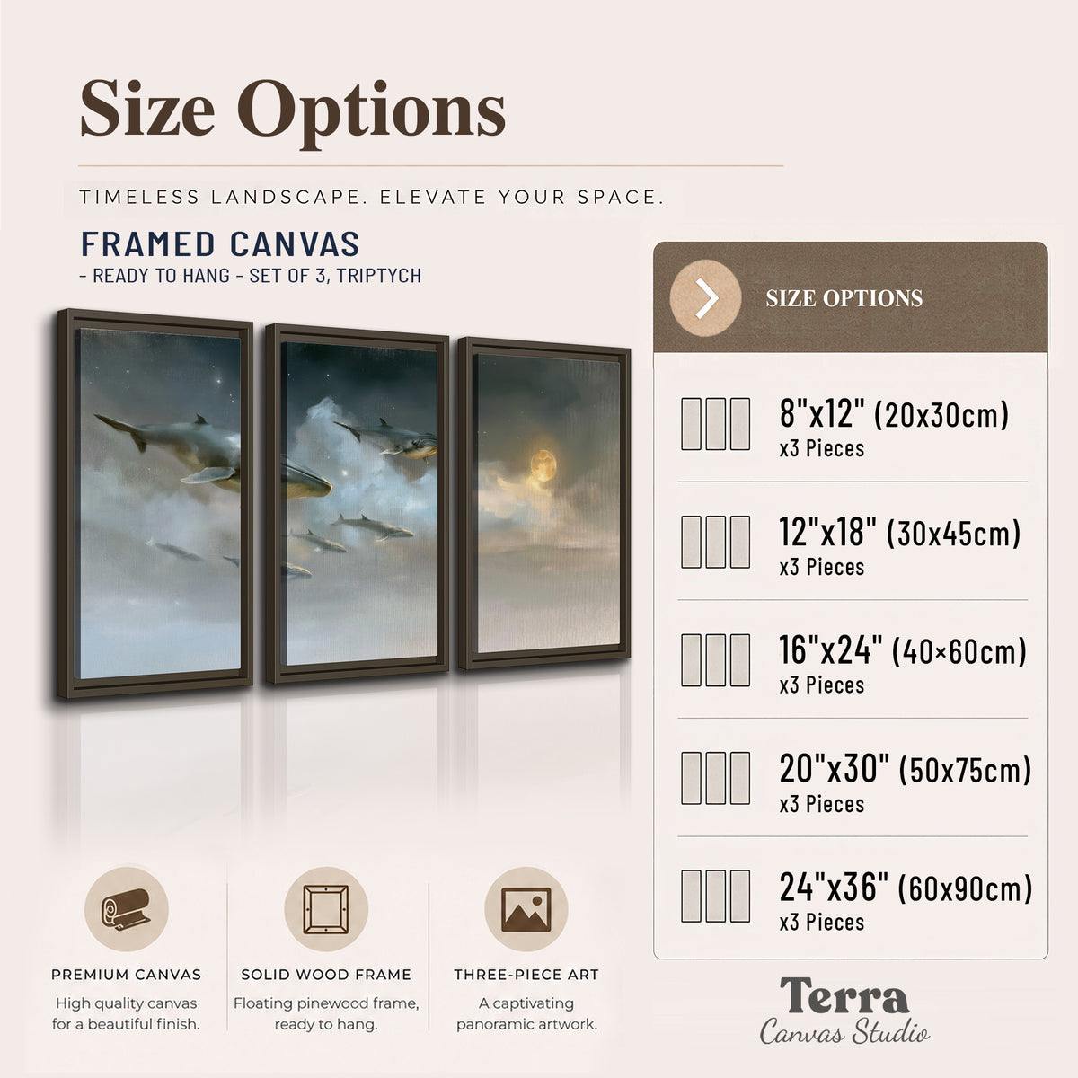 Whales drifting through pale dreamlike clouds toward a golden moon 3 piece framed canvas wall art available dimensions; triptych dimensions are per panel