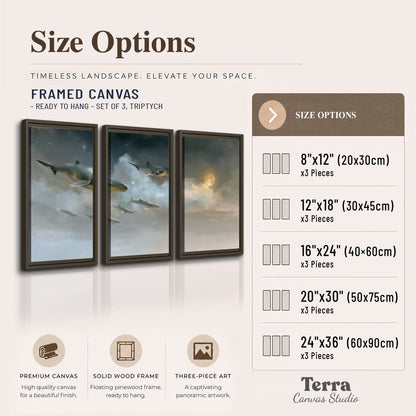 Whales drifting through pale dreamlike clouds toward a golden moon 3 piece framed canvas wall art available dimensions; triptych dimensions are per panel