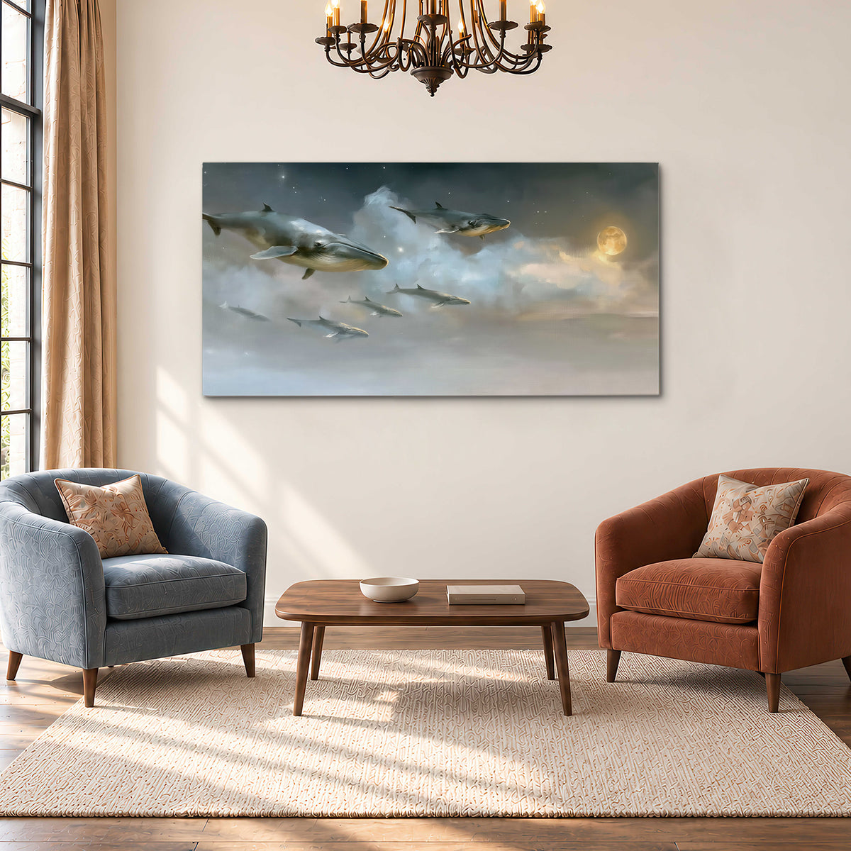 Whales drifting through pale dreamlike clouds toward a golden moon single canvas wall art styled in an interior