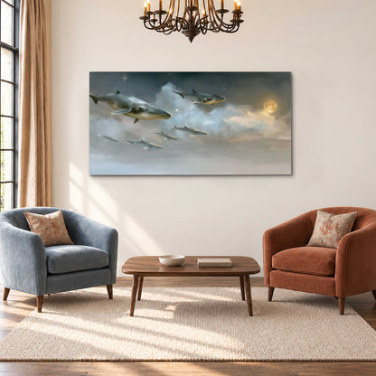 Whales drifting through pale dreamlike clouds toward a golden moon single canvas wall art styled in an interior
