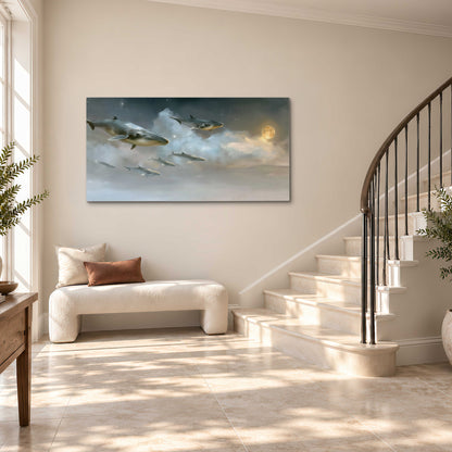 Whales drifting through pale dreamlike clouds toward a golden moon single canvas wall art styled in an interior