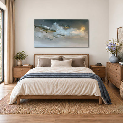 Whales drifting through pale dreamlike clouds toward a golden moon single canvas wall art styled in an interior