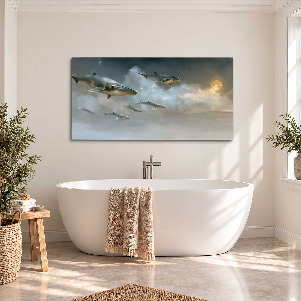 Whales drifting through pale dreamlike clouds toward a golden moon single canvas wall art styled in an interior