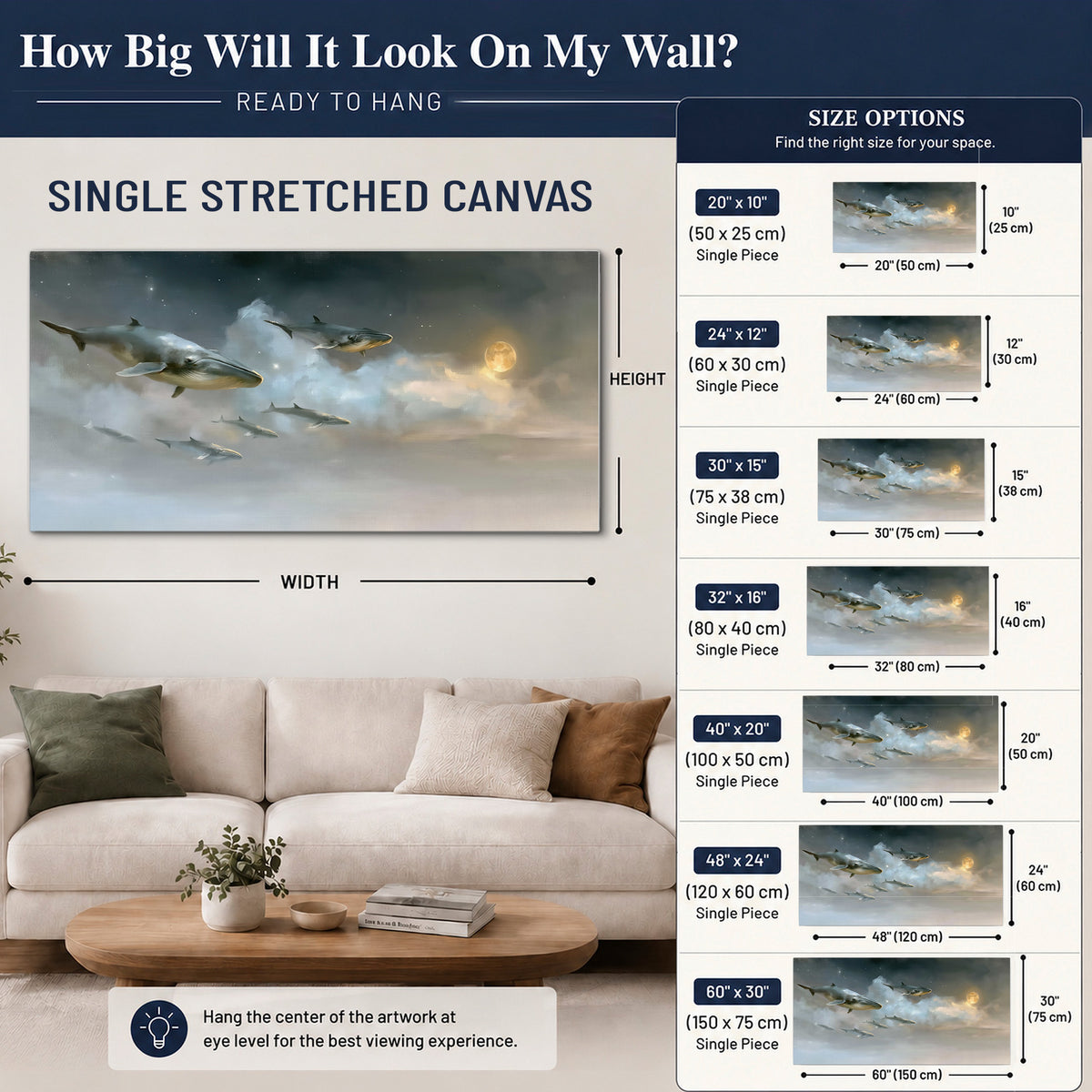 Whales drifting through pale dreamlike clouds toward a golden moon single canvas wall art size guide above a sofa; room view is illustrative