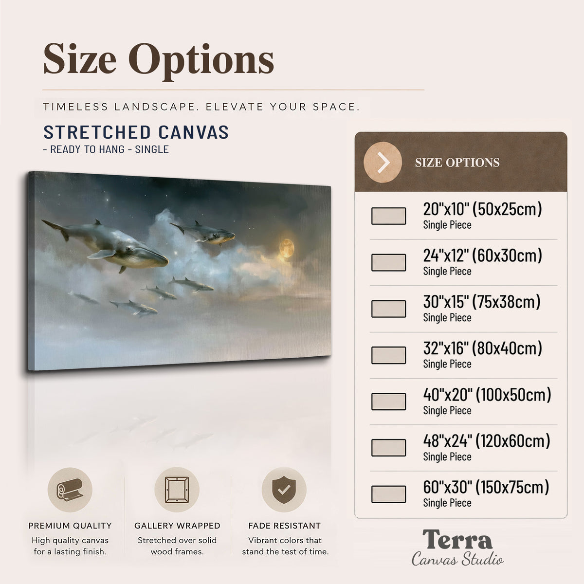 Whales drifting through pale dreamlike clouds toward a golden moon single canvas wall art available dimensions