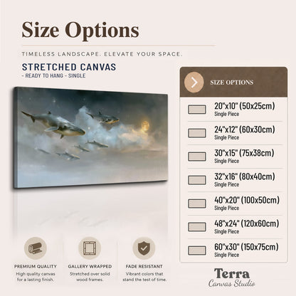 Whales drifting through pale dreamlike clouds toward a golden moon single canvas wall art available dimensions