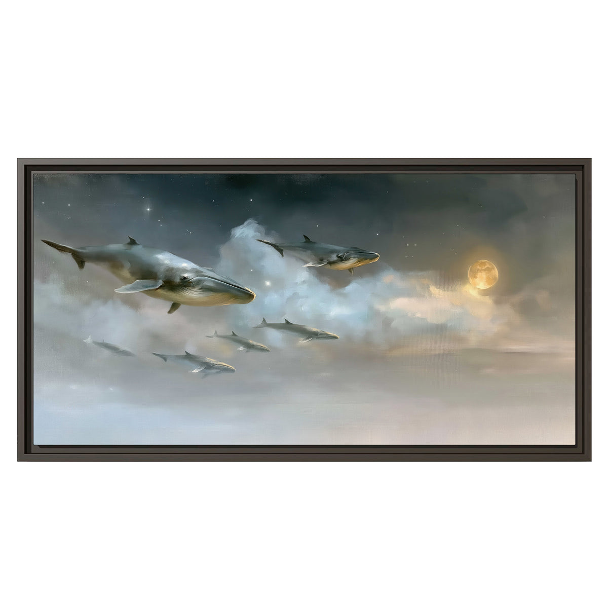 Whales drifting through pale dreamlike clouds toward a golden moon single framed canvas wall art viewed straight on