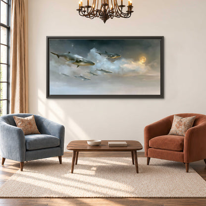 Whales drifting through pale dreamlike clouds toward a golden moon single framed canvas wall art styled in an interior