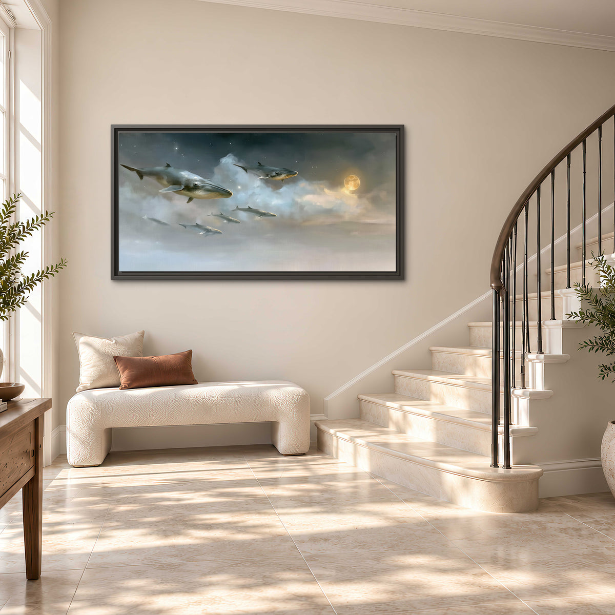 Whales drifting through pale dreamlike clouds toward a golden moon single framed canvas wall art styled in an interior